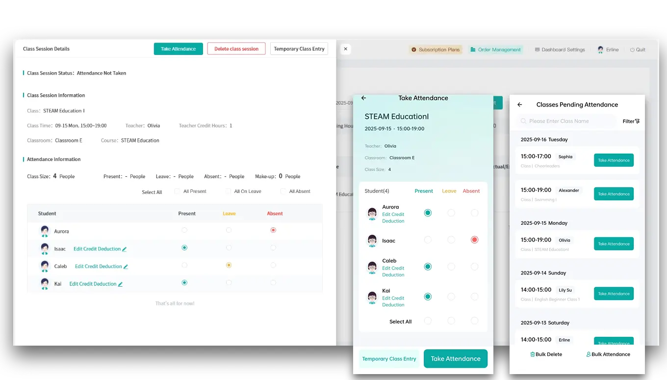 Artstep's digital attendance tracking interface, maintaining transparent records and sharing updates with parents in real-time.