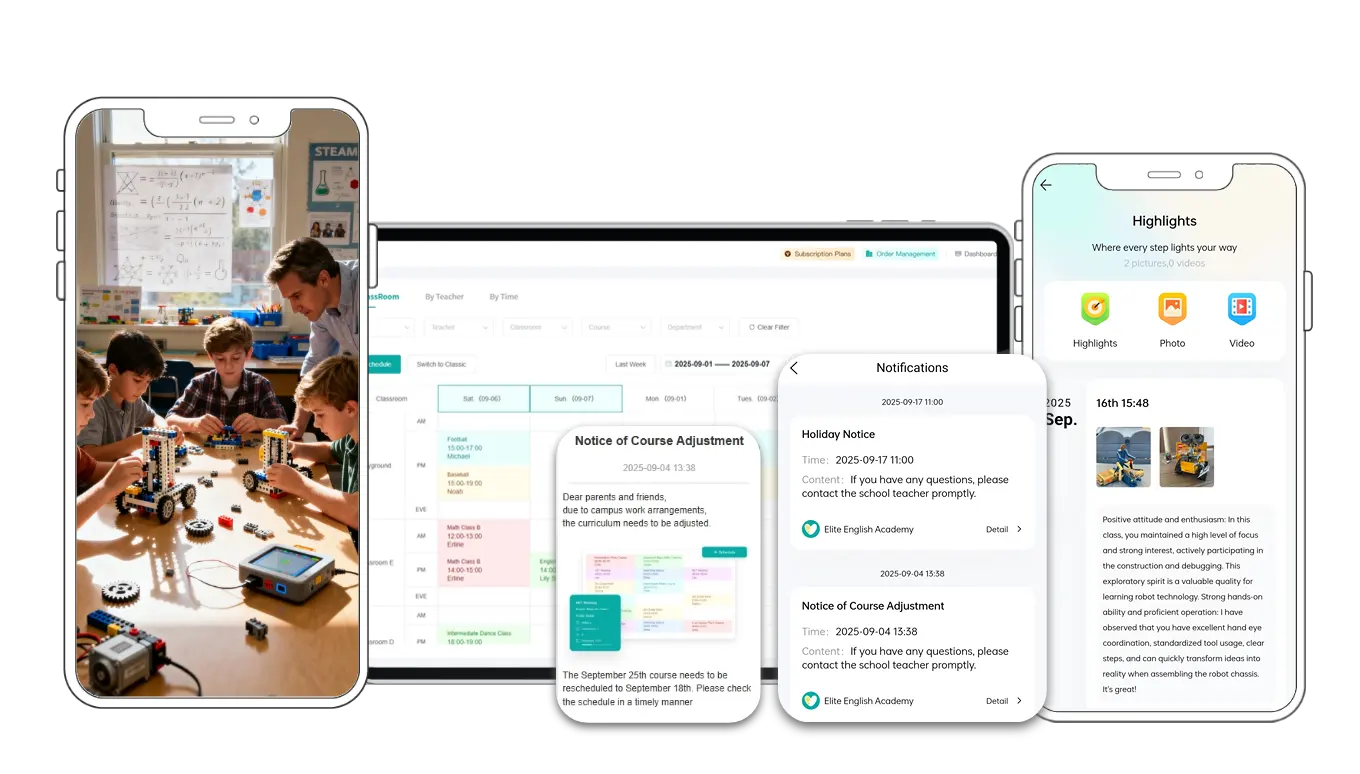 Artstep's dashboard showing the class schedule, student progress timeline, and parent notification feed.