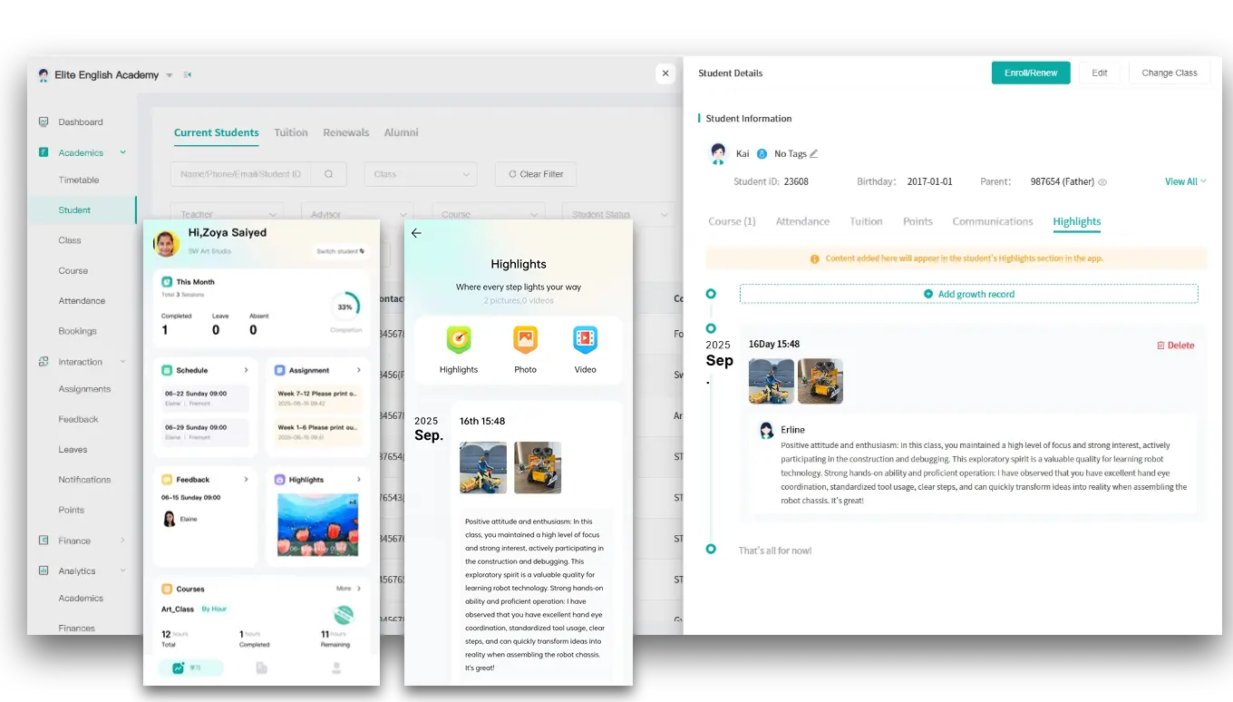 Artstep's interface for tracking student projects, experiments, and key learning milestones.