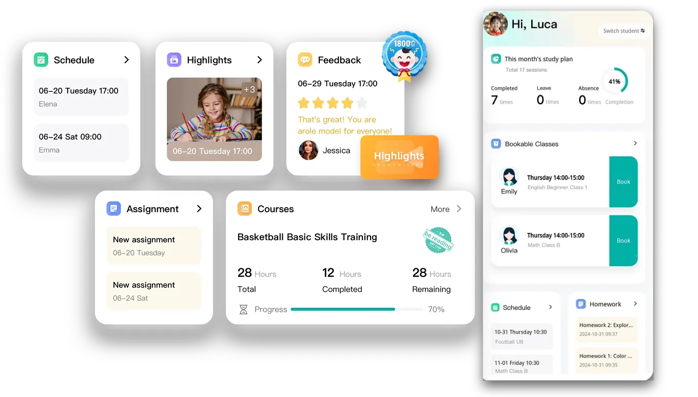Artstep's parent app home screen showing student attendance, enrolled courses, schedules, homework, and growth gallery.