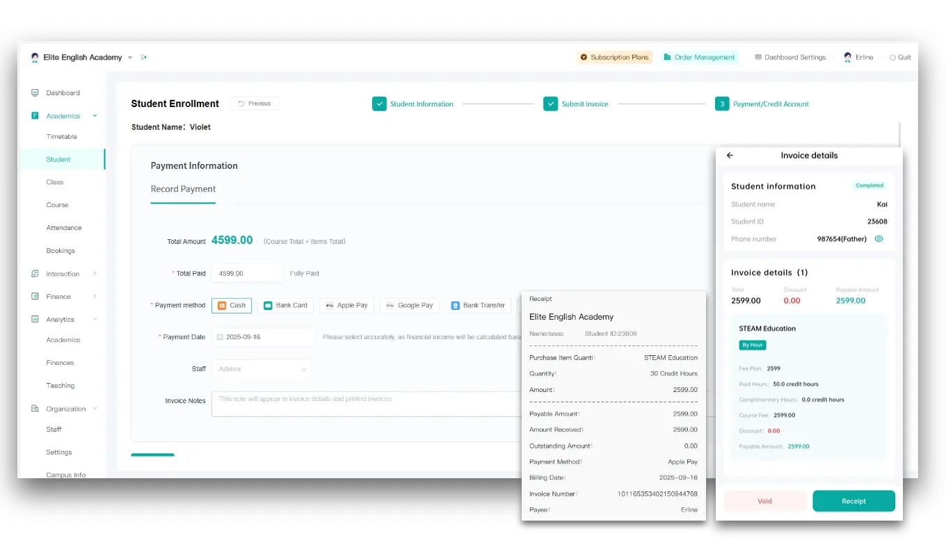Artstep's billing page displaying course invoice generation, payment processing, and completed order history.