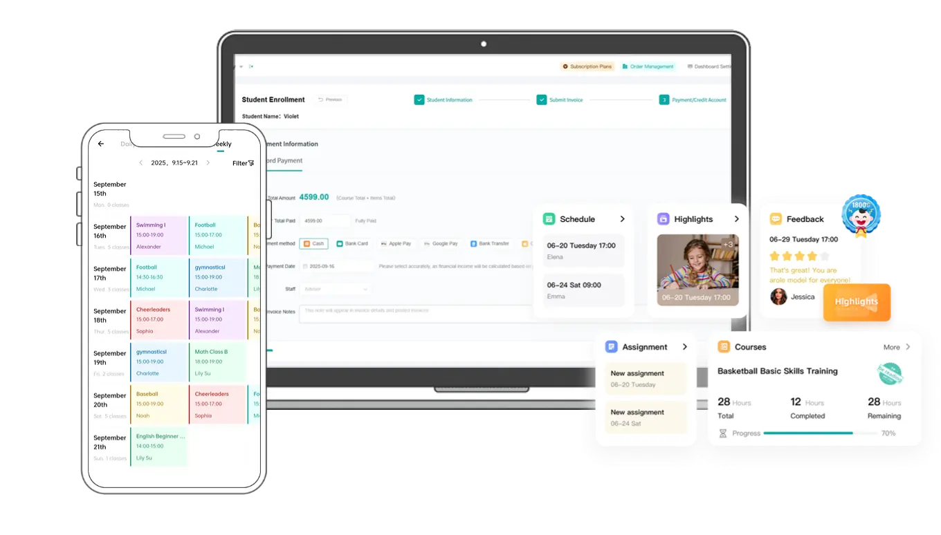 Artstep's platform displaying the scheduling interface, financial billing system, and parent app notifications.