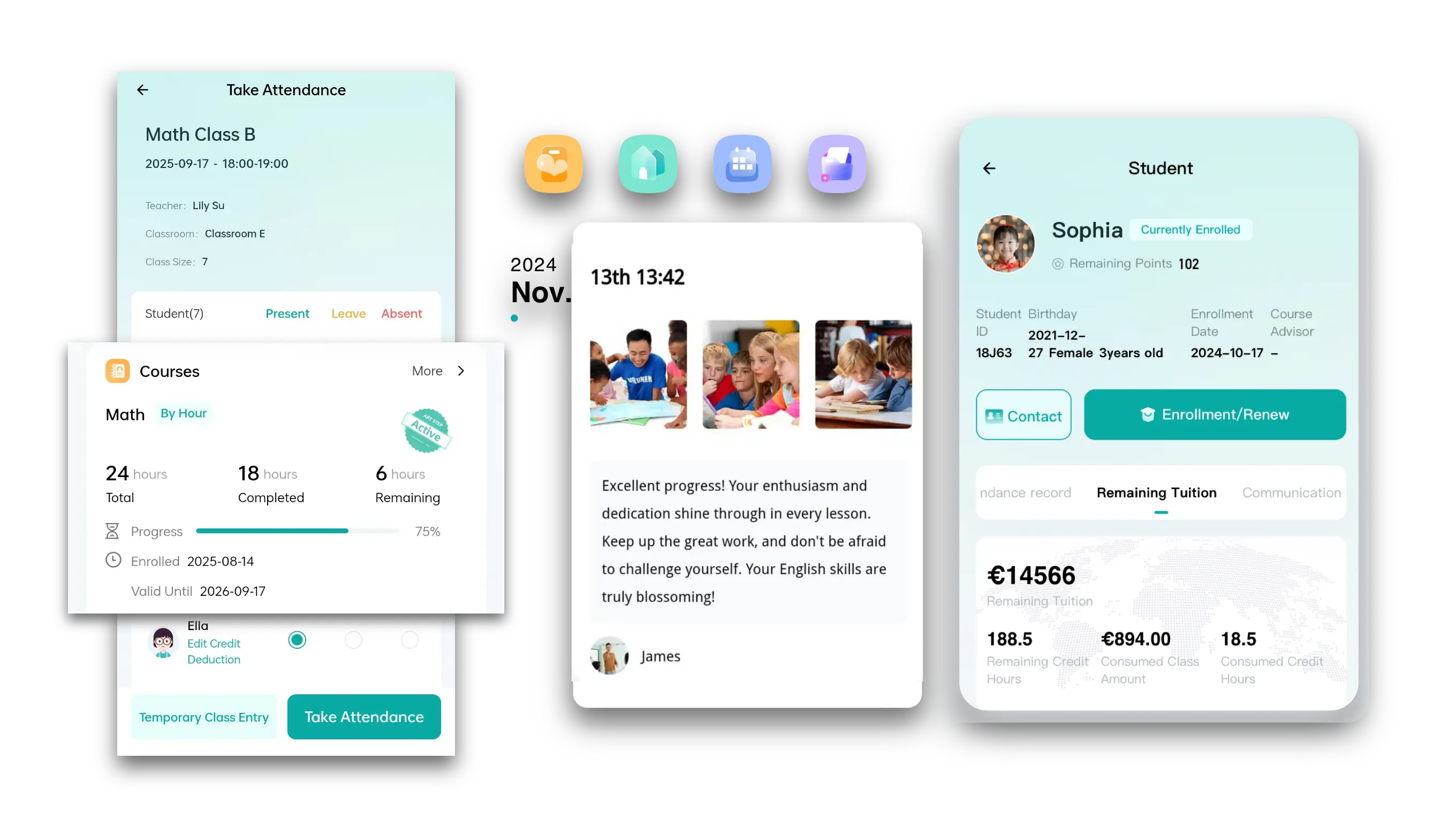 Artstep's attendance and skill progression charts tracking student development.