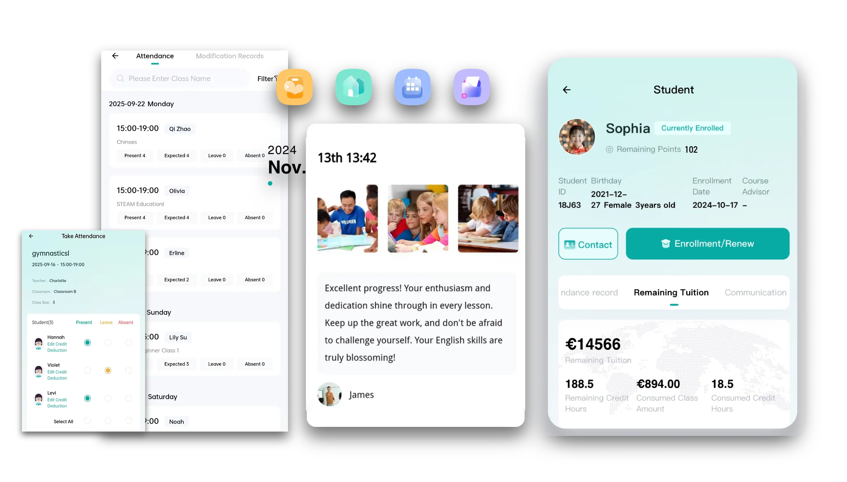 Artstep's Growth Timeline with photos and comments, plus attendance stats and course enrollment records.