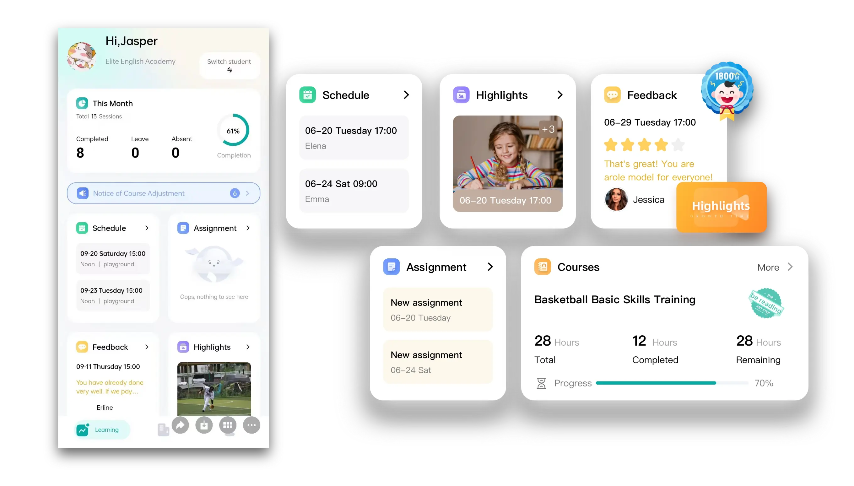 Artstep's parent portal showing lesson progress, attendance records, and homework completion status.