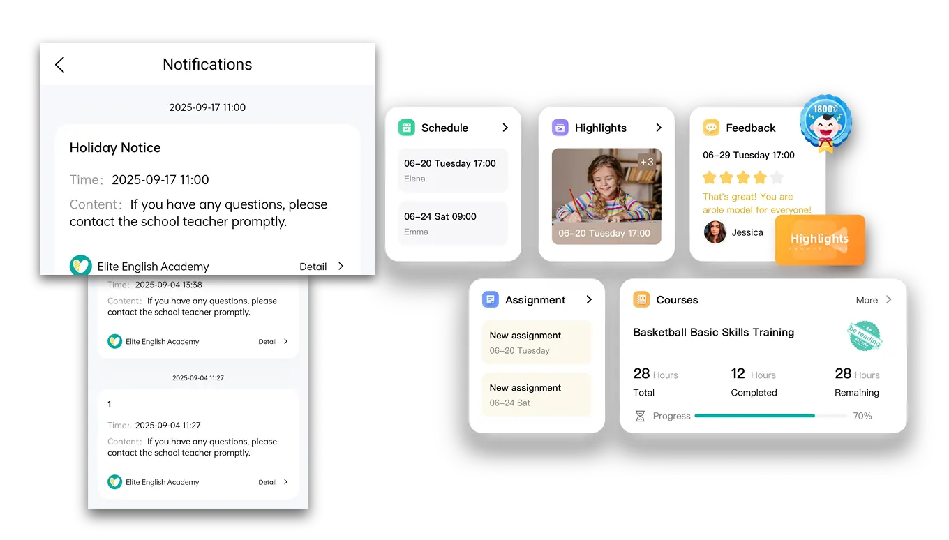 Artstep's parent app displaying multiple children's schedules and notifications in one view.