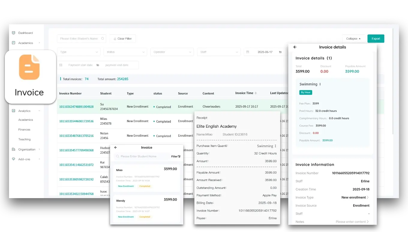 Artstep's swim lesson billing and payment management interface for invoices and transactions.