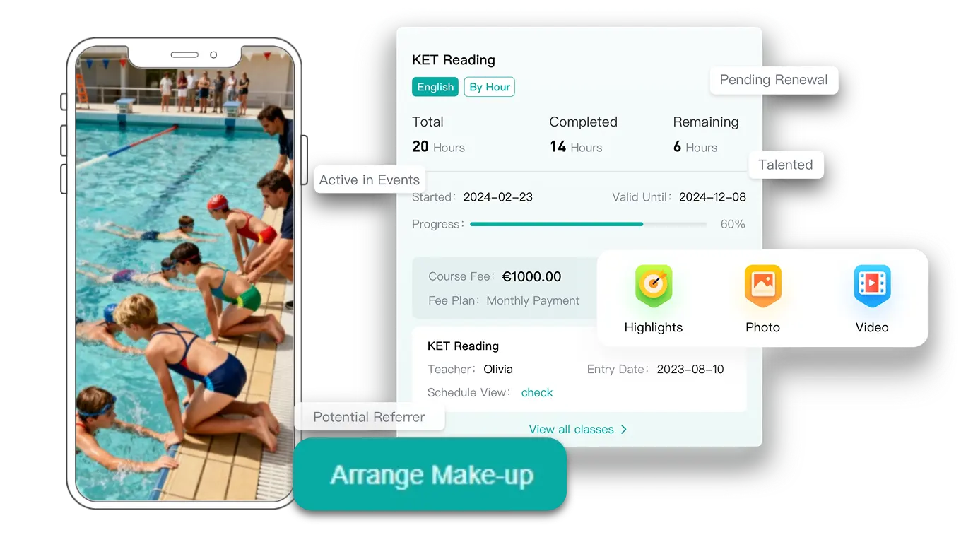 Artstep's swimming lesson scene with coach and student, alongside the system's attendance tracking interface.