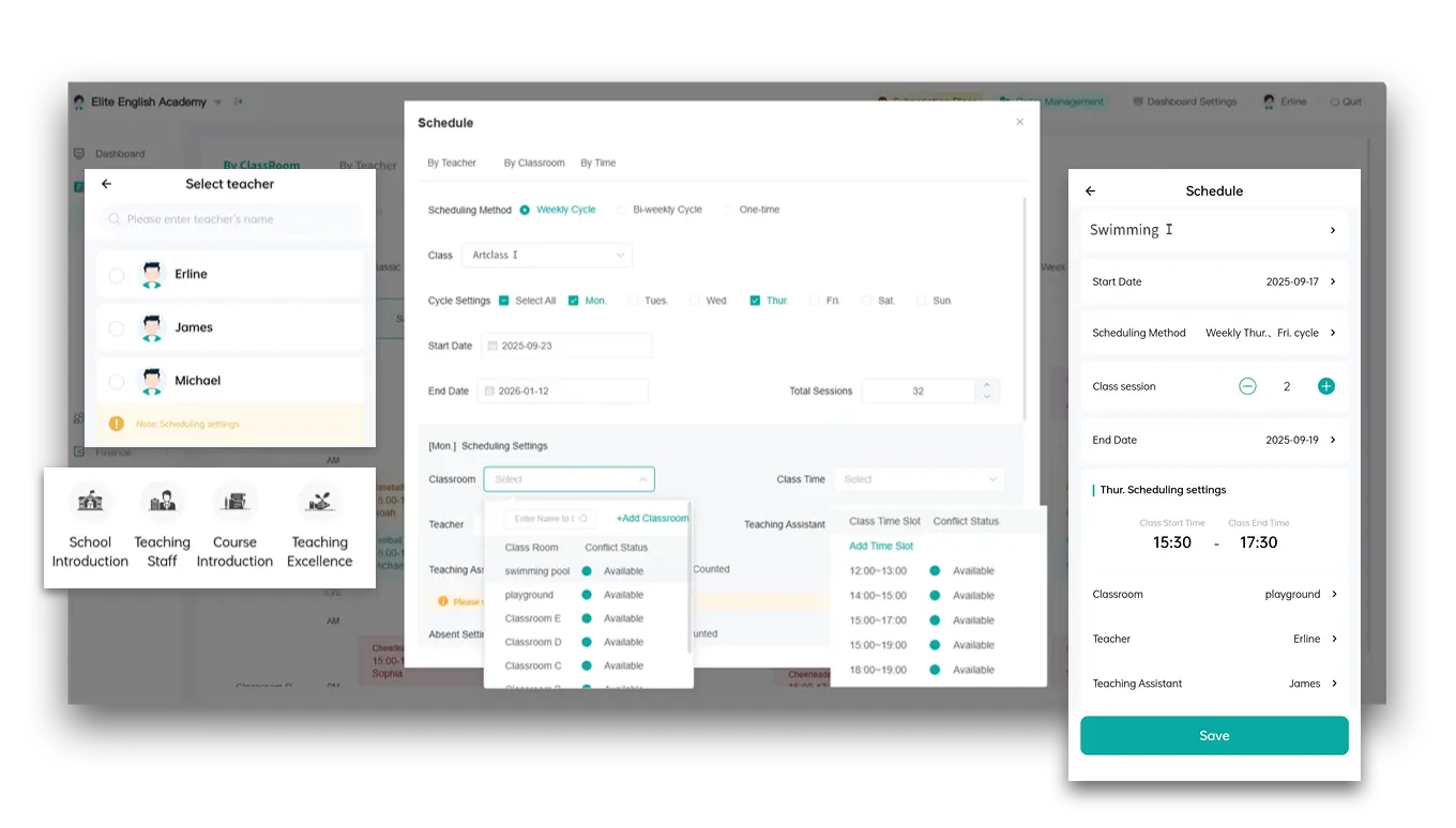 Artstep's swim lesson scheduling calendar displaying coach assignments and class time slots.