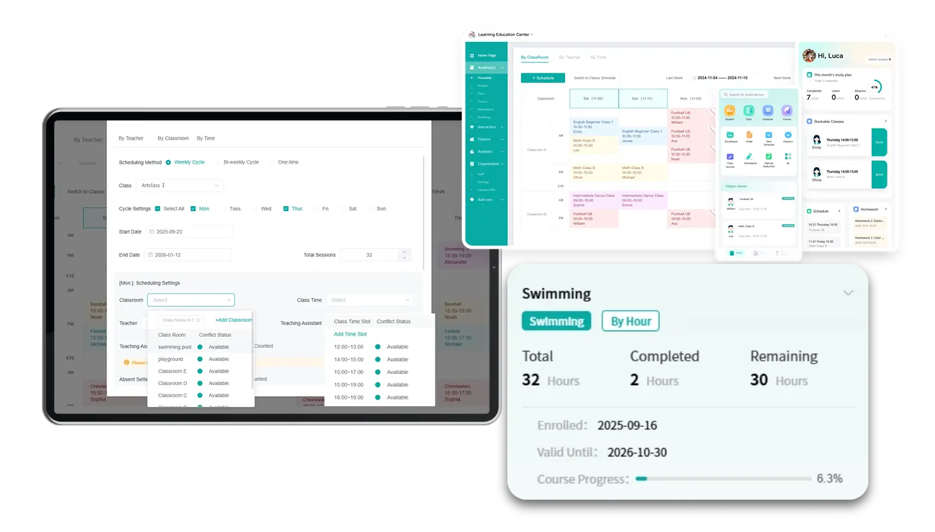 Artstep's swim class scheduling interface alongside parent app displaying student lesson progress.