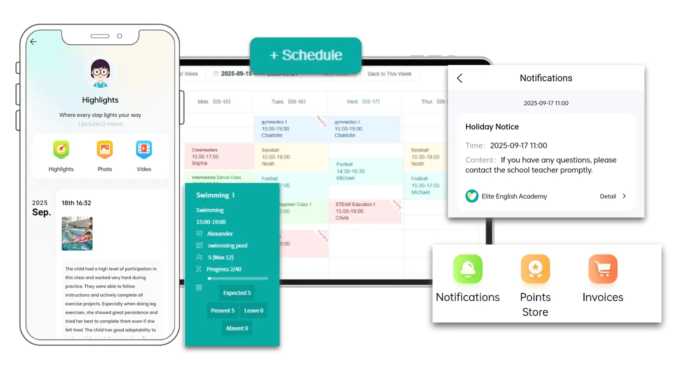 Artstep's swim program dashboard showing class scheduling, parent app for attendance notes, and student progress timeline.